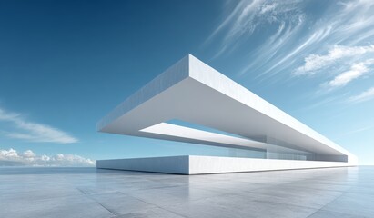 Fototapeta premium A modern white architectural structure with clean lines stands under a clear blue sky, showcasing minimalist design and geometric form.