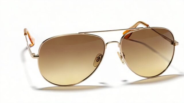 Classic aviator sunglasses from the 1970s with gold frames and brown lenses isolated on a clean white background