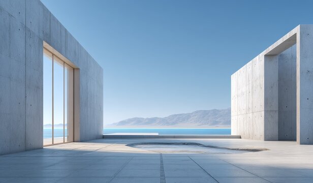A modern concrete building with large windows offers a stunning view of the sea under a clear blue sky. - Powered by Adobe