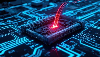 Dynamic futuristic circuit board design with glowing red data stream, perfect for tech companies and innovative projects