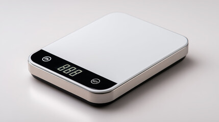 High-quality digital kitchen scale, modern design, isolated on a clean white background, realistic lighting, sharp focus