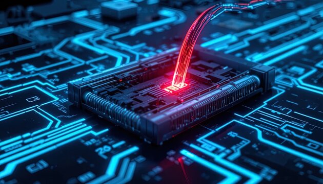 Dynamic futuristic circuit board design with glowing red data stream, perfect for tech companies and innovative projects
