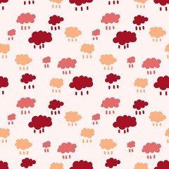 Seamless Red Cloud Rain Pattern – Cute Cartoon Background Perfect for Wraping paper, background and Fabric