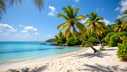 Obraz premium Tropical Lagoon with Palm Trees and Sandy Shore
