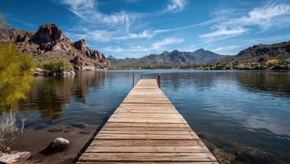 Serene lake dock extending into tranquil water, mountains in background