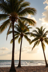 Obraz premium Golden Tropical Beach with Palm Trees and Shoreline Waves