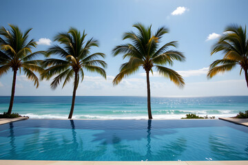 Obraz premium Elegant Infinity Pool with Swaying Palm Trees and Ocean Horizon