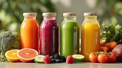High-quality photo of vibrant fresh juices in transparent glass bottles, surrounded by assorted colorful fruits and vegetables, bright natural lighting, clean background
