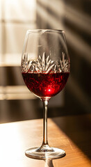 Crystal glass of red wine on wooden table with sunlight and shadows
