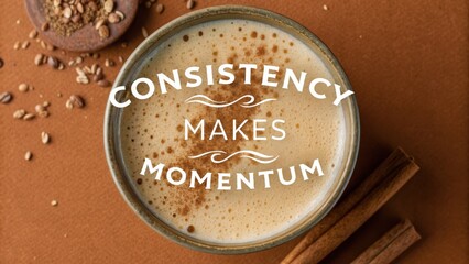Spiced Latte with 'Consistency Makes Momentum' Message in Cinnamon, Warm Drink Flat Lay