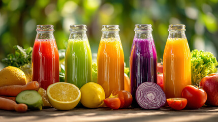 High-quality photo of vibrant fresh juices in transparent glass bottles, surrounded by assorted colorful fruits and vegetables, bright natural lighting, clean background