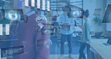 Team talking as coworker walking with cup sparking data overlays fading out showing business trends - Powered by Adobe