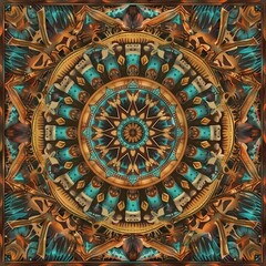 Obraz premium Indigenous-inspired abstract mandala art, earthy brown, turquoise, and ochre tones, high-resolution digital pattern background.