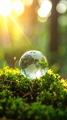 Crystal Globe on Moss with Sunlight Forest Background Environment Concept