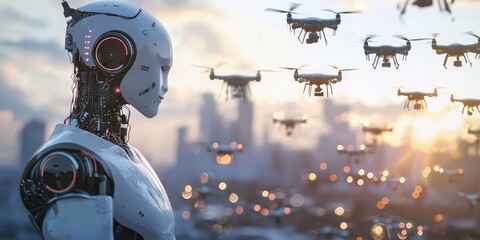 A humanoid robot and drones flying over a city skyline at sunset.
