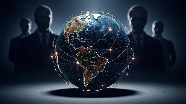 Dark shadowy figures in silhouette surrounding illuminated Earth globe representing hidden global powers controlling world affairs from behind scenes
