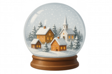 Snow globe showing a cozy winter village scene with houses and christmas church, creating a festive holiday atmosphere