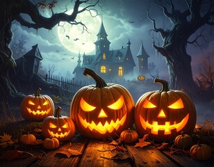 Halloween scene with pumpkins and haunted house