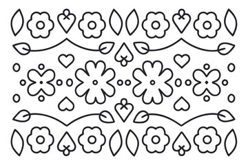 Floral pattern illustration featuring various flowers, leaves, and hearts in a seamless design, perfect for backgrounds, textiles, and decorative elements with a whimsical touch