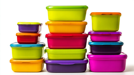 High-quality, colorful stackable food containers, neatly arranged, isolated on a clean white background, realistic lighting, sharp details, commercial product photography style