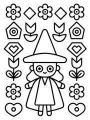 Cute cartoon witch illustration with a pointed hat, surrounded by flowers, hearts, and geometric shapes, perfect for coloring books and creative projects with whimsical themes