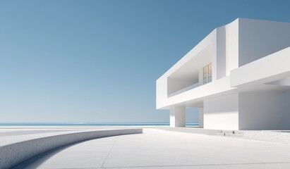 Obraz premium A modern white building by the seaside under a clear blue sky, showcasing minimalist design and clean lines.