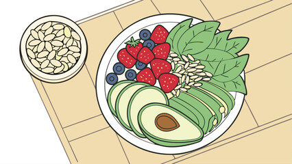 Colorful illustration of a healthy food plate featuring fresh spinach, strawberries, blueberries, avocado slices, and sunflower seeds, promoting nutritious eating and wellness concepts