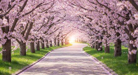 Cherry Blossom Tunnel Pathway Under Pink Blossoms  Sunlight Spring Serenity.