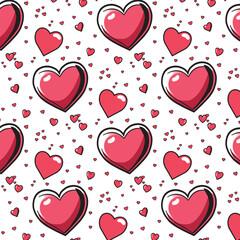 Colorful pattern featuring various heart shapes in red and pink tones, set against a white background, creating a playful and romantic design concept for various applications