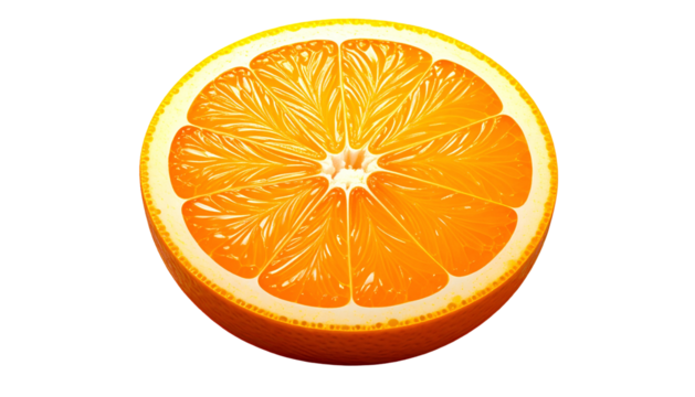 Juicy orange slice cut in half, showing the citrus fruit's segments