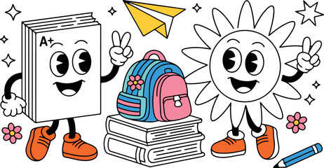 Cartoon illustration featuring a cheerful book character and a smiling sun, surrounded by a backpack, paper airplane, and stacked books, embodying a playful learning environment
