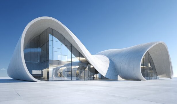 A modern building with curvilinear forms and large glass windows showcases contemporary architectural design under a clear blue sky.