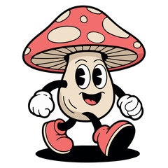 Cartoon mushroom character with a smiling face, wearing red shoes, walking cheerfully, showcasing a playful and whimsical design, perfect for children's illustrations and playful themes