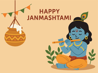 Happy Janmashtami, Blue-skinned boy playing flute, surrounded by greenery and festive decorations, celebrating a cultural festival with joyful ambiance and traditional elements