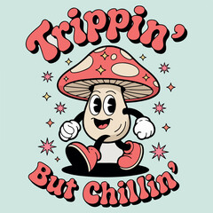 Cartoon mushroom character with a smiling face, wearing red shoes, running joyfully, surrounded by stars and playful text, embodying a fun and whimsical vibe of relaxation and enjoyment