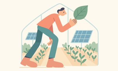 Illustration of a man in a greenhouse, gently holding a large green leaf while surrounded by rows of plants and solar panels, symbolizing sustainable agriculture and eco-friendly practices