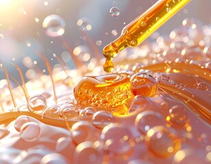 Golden serum drop on skin