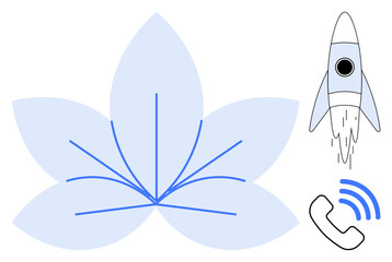Stylized flower with extending lines, rocket launch, and phone signal emphasizing growth, innovation, and communication. Ideal for progress, connection, creativity, startups technology outreach