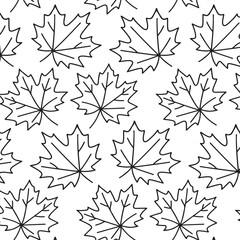 Black and white illustration of maple leaves arranged in a seamless pattern, showcasing intricate details and natural forms, ideal for backgrounds and textile designs