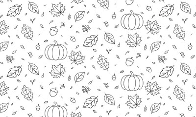 Black and white illustration featuring a seamless pattern of pumpkins, acorns, and various leaves, creating a whimsical autumn-themed design with intricate details