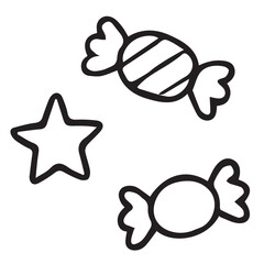 Colorful candies, including striped and star-shaped sweets, scattered playfully on a white background, creating a vibrant and cheerful atmosphere for design purposes