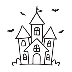 Spooky haunted house illustration with whimsical design, featuring pointed roofs, windows, and flying bats, creating an eerie atmosphere for Halloween-themed projects