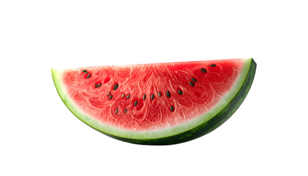 Juicy watermelon slice with black seeds, rind on black background