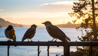 Sparrows on a railing at sunset over water