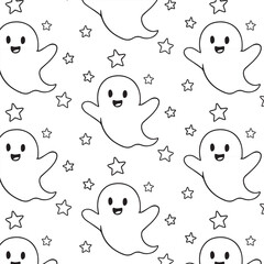 Cute cartoon ghosts with smiling faces and stars create a whimsical pattern on a white background, perfect for festive decorations or playful designs