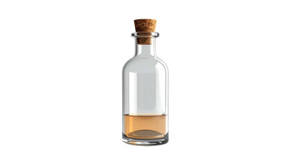 Glass potion bottle with cork stopper, half-filled with amber liquid