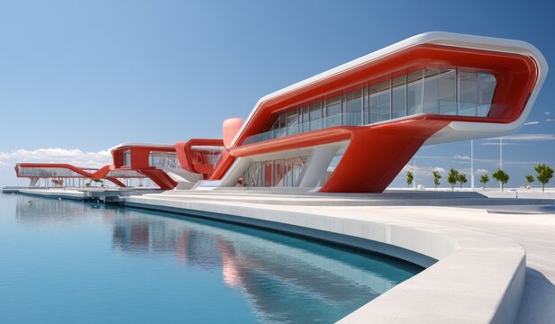 This image showcases a modern architectural design with curved red structures and a pool, featuring sleek lines and contemporary elements.