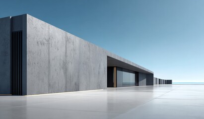 A modern concrete building with sleek lines and expansive windows set against a clear blue sky, featuring a minimalist and contemporary design.