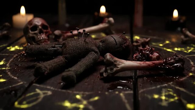voodoo doll with skull and occult ritual objects