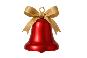 Red christmas bell ornament with golden glitter bow and holiday hanging ring, transparent background